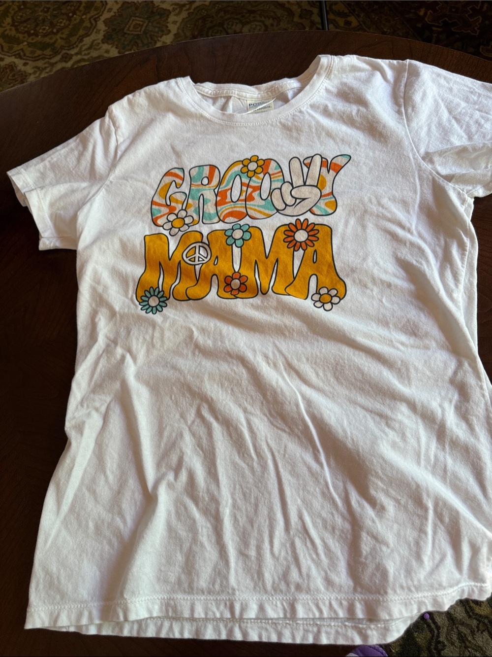 Port and Company White 'Groovy Mama' Graphic Tee with Orange and Teal Accents